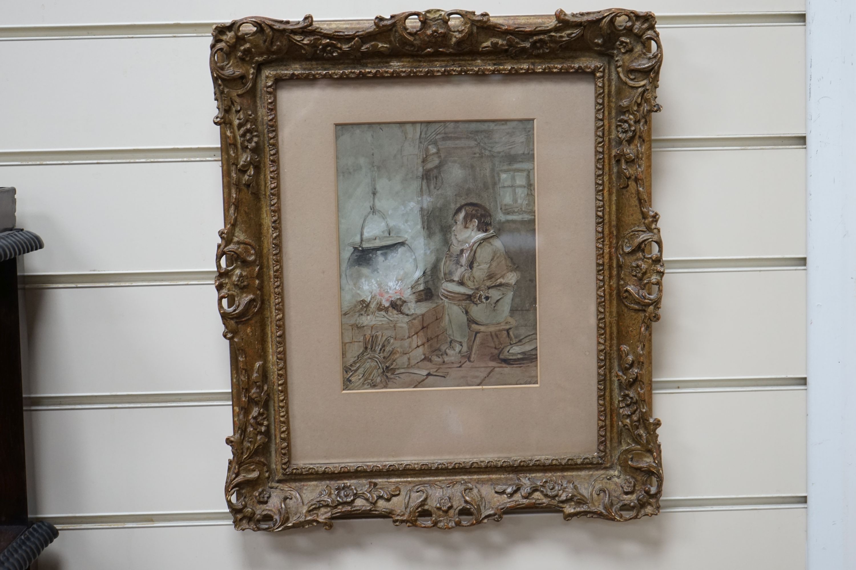 Alfred Provis (1843-1886), ink and watercolour, 'Lost in thought', signed, 21.5 x 16cm